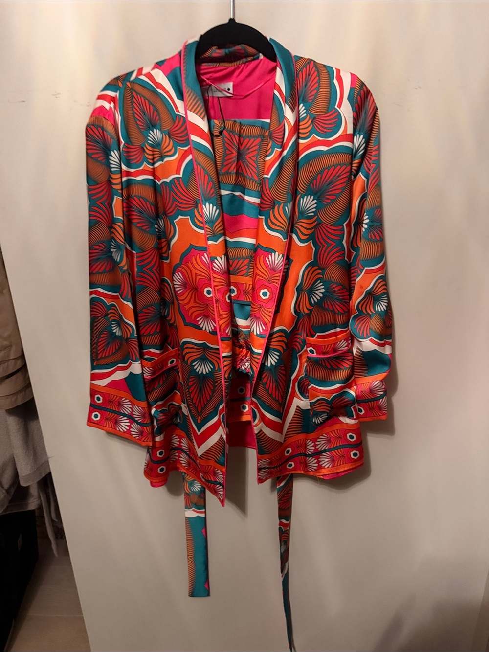 Zara matching silky suit Vibrant Floral Print Satin Jacket - Pink, Orange & Teal